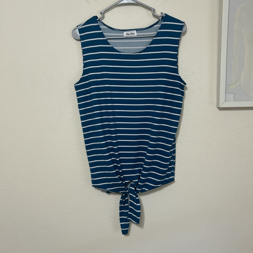 star vixen teal white striped tie-front knot hem tank top large rayon blend